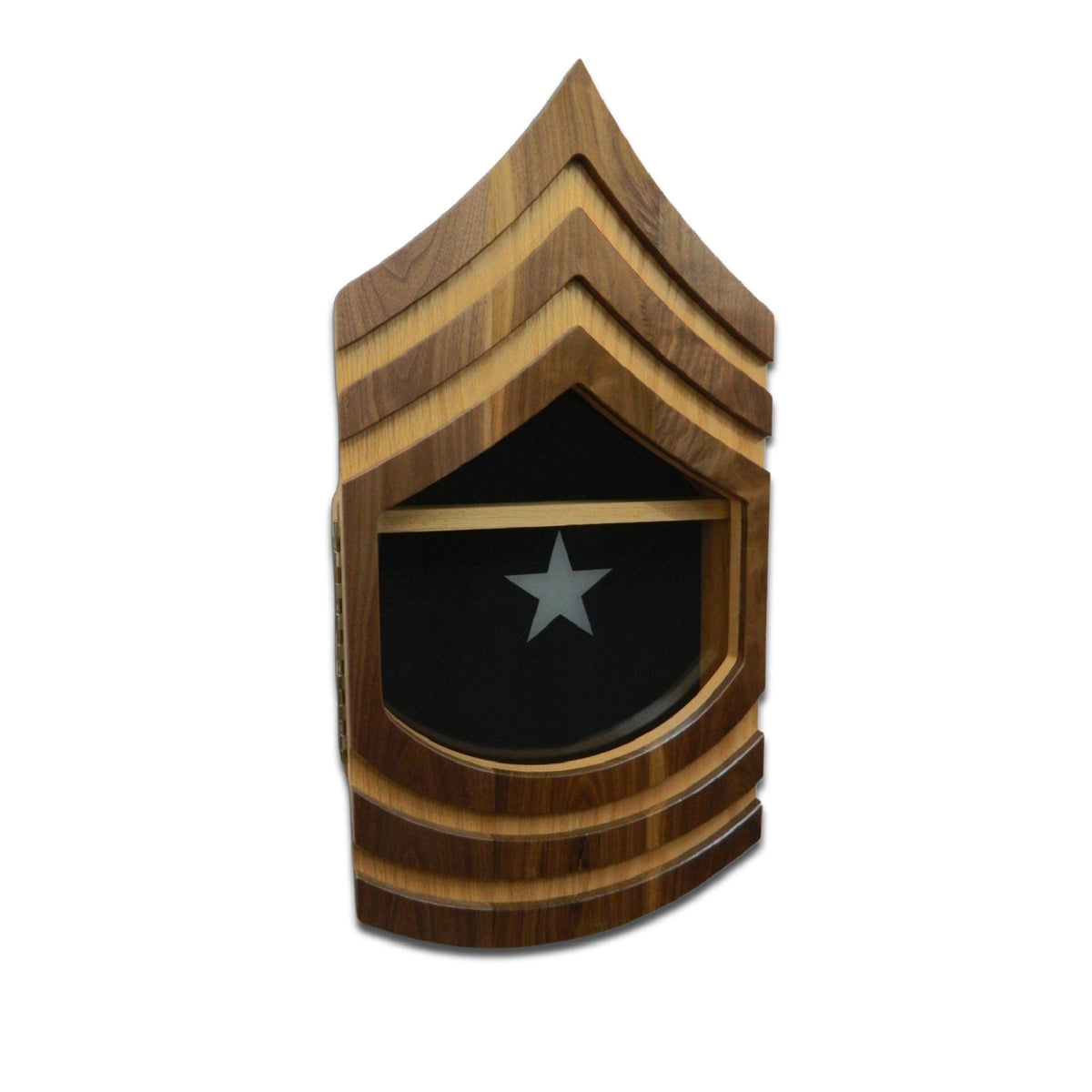 Military retirement shadow box for US Army Sergeant Major. Made of real Oak and Walnut hardwood. Holds a 3'x5' folded flag. Shown with black felt.