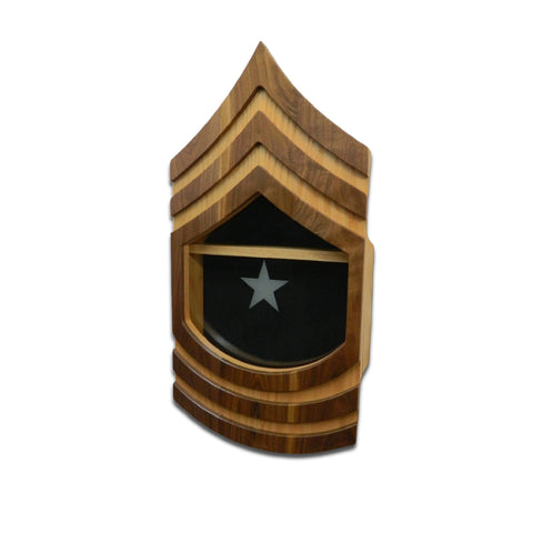 Military retirement shadow box for US Army Sergeant Major. Made of real Oak and Walnut hardwood. Holds a 3'x5' folded flag. Shown with black felt.