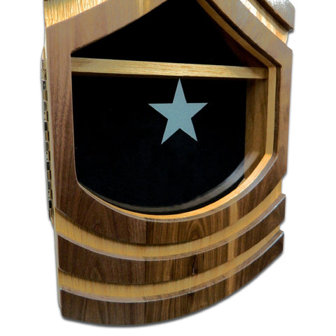 Military retirement shadow box for US Army Sergeant Major. Made of real Oak and Walnut hardwood. Holds a 3'x5' folded flag. Up close view of glass engraved star.