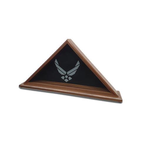 Burial Memorial Flag Display Case for deceased Veteran. Holds one folded 5' by 9.5' burial flag. Made with real Walnut hardwood. American Made - Veteran Built™ Shown with Air Force Modern Wings Glass Engraving