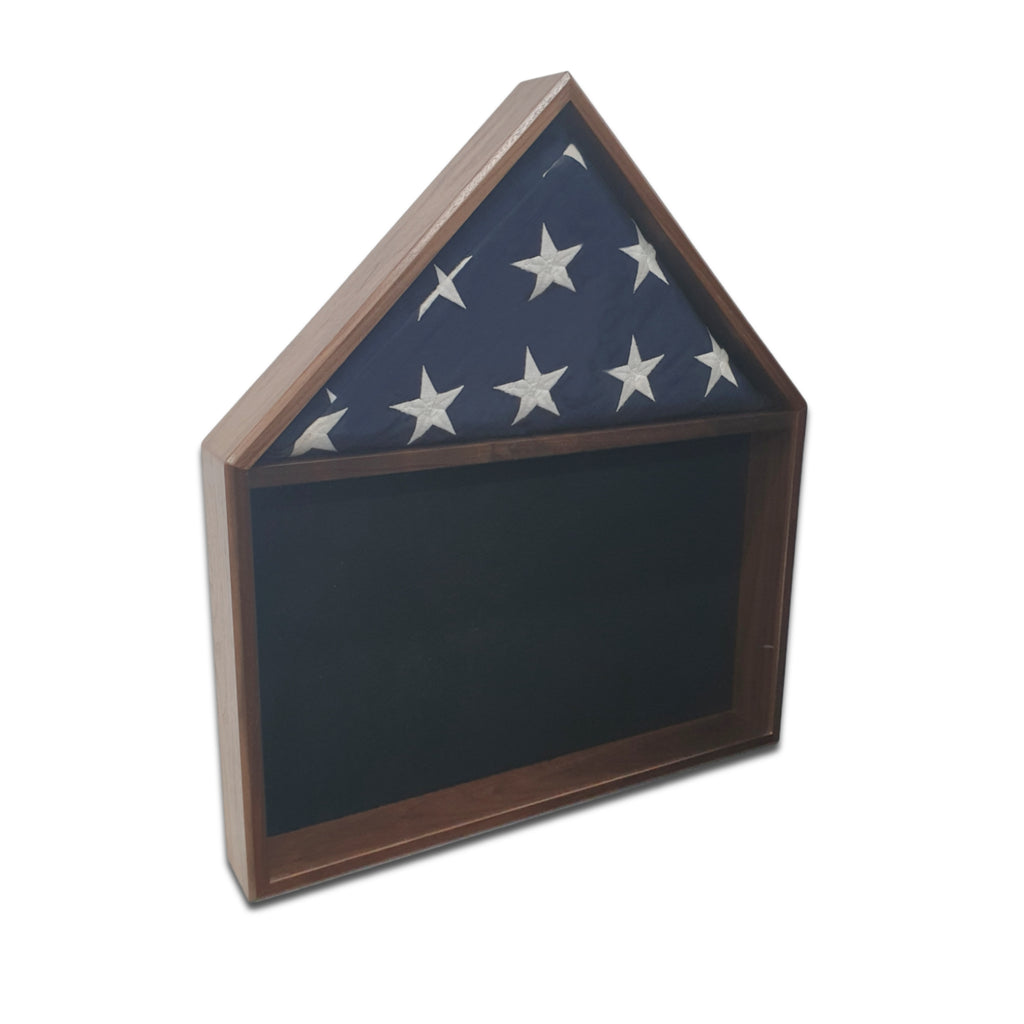 Burial Memorial Flag Shadow Box for deceased Veteran. Holds one folded 5' by 9.5' burial flag. Made with real Walnut hardwood. American Made - Veteran Built