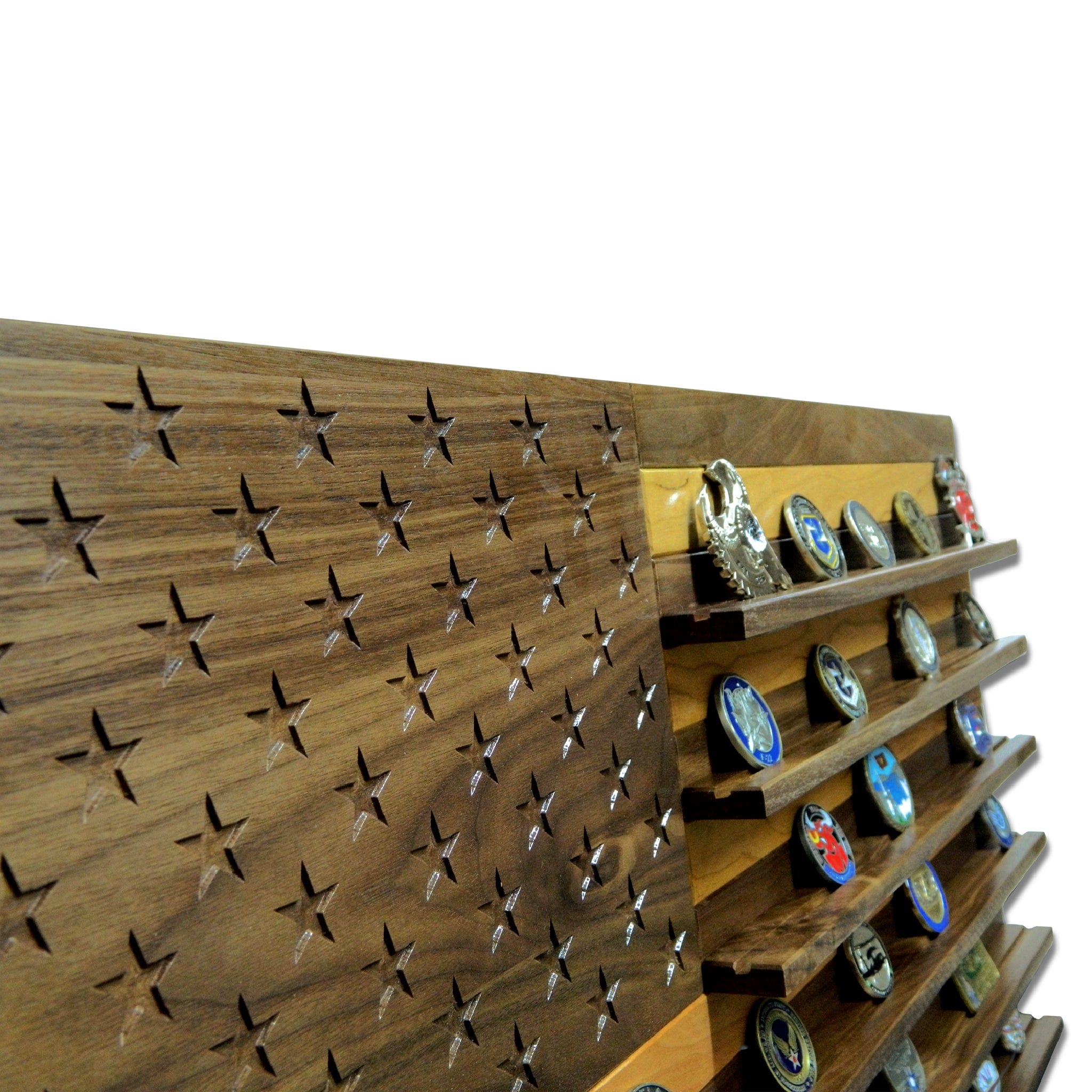 Angled view of Walnut and Cherry American Flag Challenge Coin Display with coins