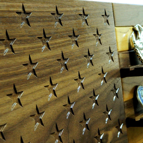 Close-up detail of the American Flag Challenge Coin Display and coin-holding design