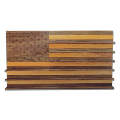 American Flag Challenge Coin Display in Walnut and Cherry shown without challenge coins