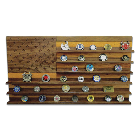 Front view of American Flag Challenge Coin Display holding a collection of challenge coins