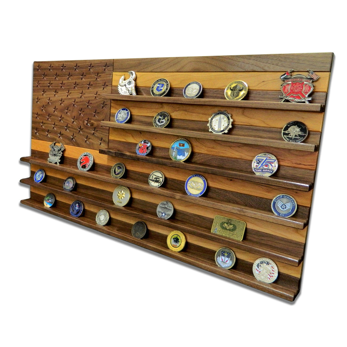 American Flag Challenge Coin Display in Walnut and Cherry filled with military challenge coins