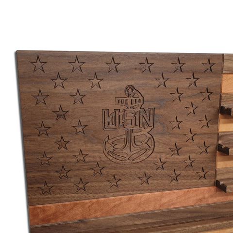 Close-up of U.S. Navy anchor engraving on the American Flag Challenge Coin Display