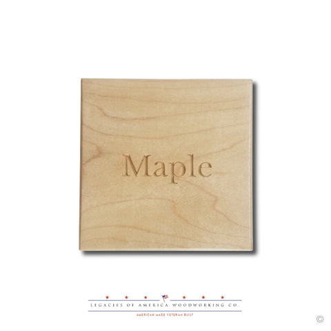 Solid maple hardwood block labeled “Maple” showing the natural color and grain of the wood