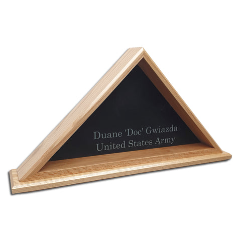 Oak burial flag display case with custom text glass engraving