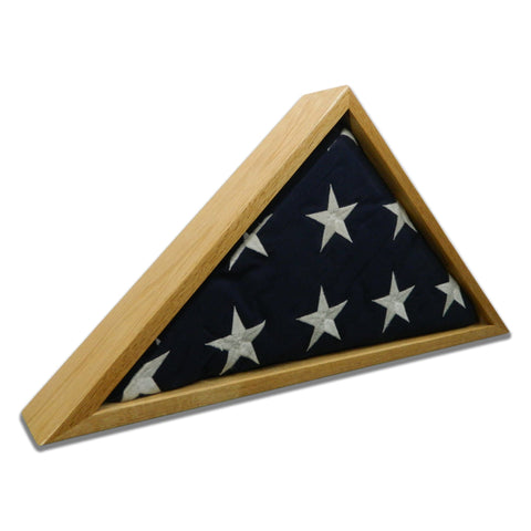 Angled view of Oak burial flag display case with folded U.S. burial flag