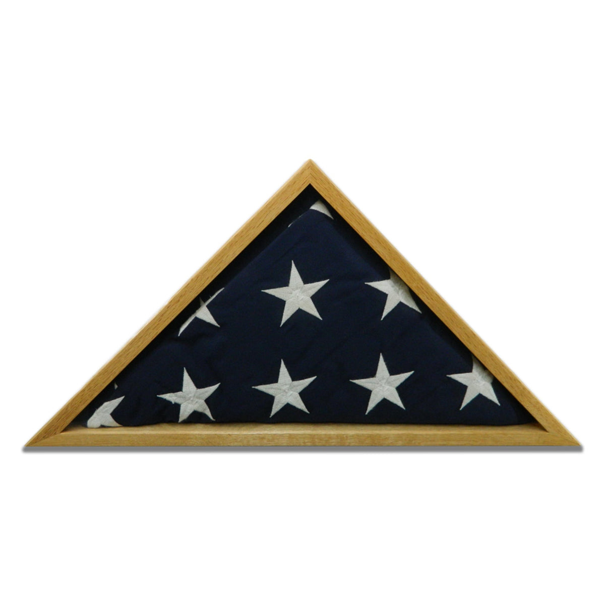 Oak burial flag display case holding a folded 5' x 9.5' U.S. burial flag