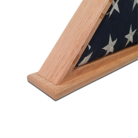Close-up of optional mantel base on Oak burial flag display case