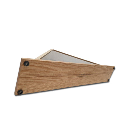 Oak burial flag display case tilted back to show the underside of the optional mantel base
