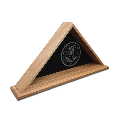 Oak burial flag display case with U.S. Navy emblem glass engraving