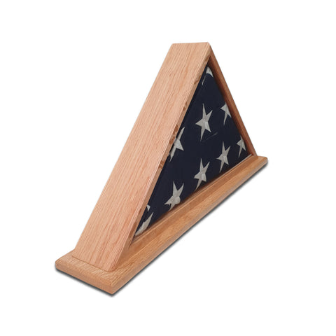 Side view of Oak burial flag display case holding a folded U.S. burial flag