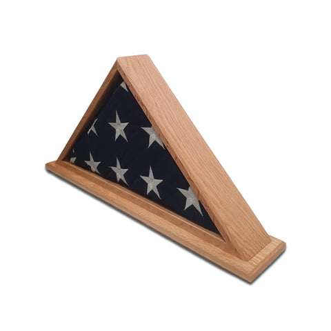 Right angled view of Oak burial flag display case with folded U.S. burial flag
