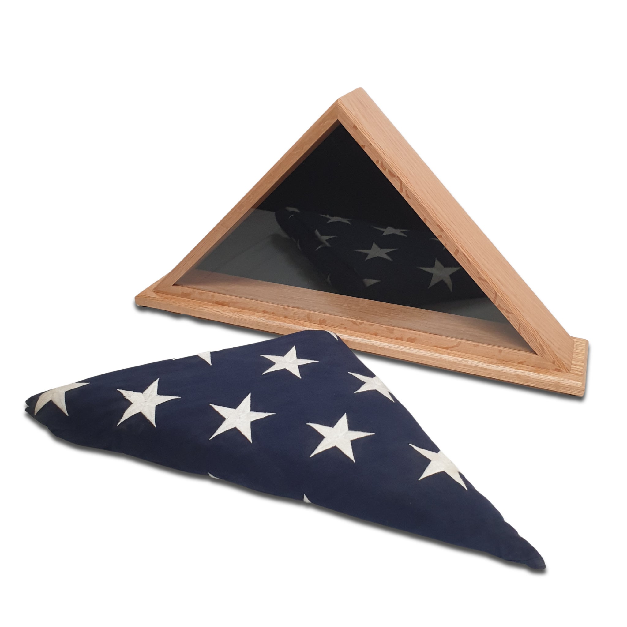 Oak burial flag display case with folded 5' x 9.5' burial flag removed from the case