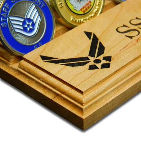 Close-up of U.S. Air Force emblem engraving on The Sentinel challenge coin display