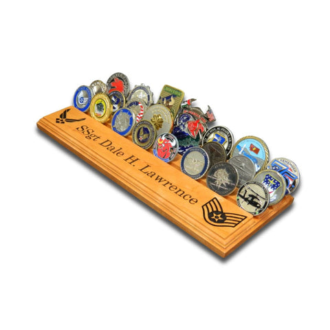 Angled view of The Sentinel desktop challenge coin display filled with challenge coins