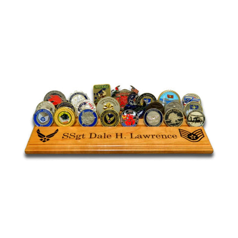 Front view of The Sentinel challenge coin display holding a collection of military coins