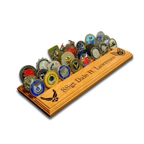 The Sentinel custom challenge coin display filled with military challenge coins