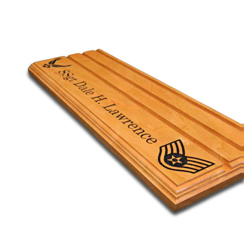 Angled view of The Sentinel with personalized text and military emblem engraving