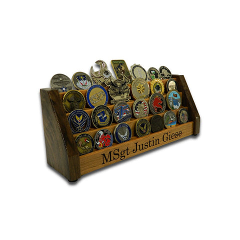 Angled view of Vertical Challenge Coin Holder showing its tiered coin display design