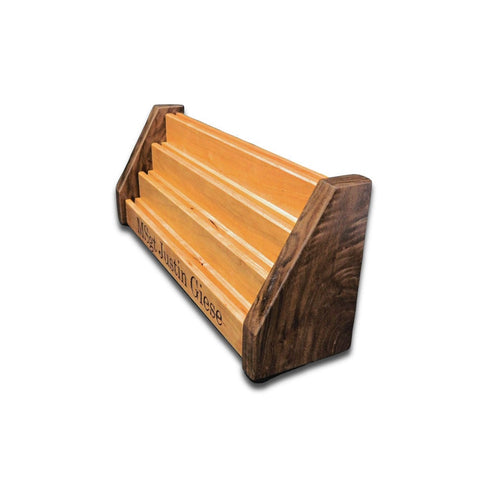 Angled view of empty Vertical Challenge Coin Holder showing Walnut and Cherry hardwood