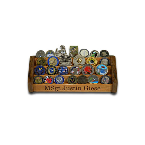 Front view of Vertical Challenge Coin Holder filled with military challenge coins