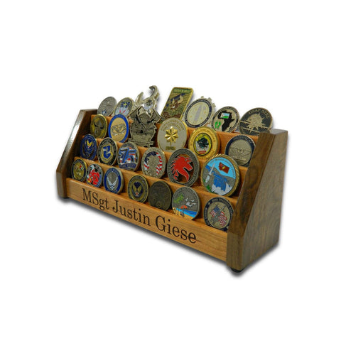 Vertical Challenge Coin Holder filled with military challenge coins and personalized engraving