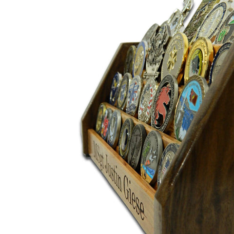 Opposite angled view of Vertical Challenge Coin Holder with challenge coins displayed