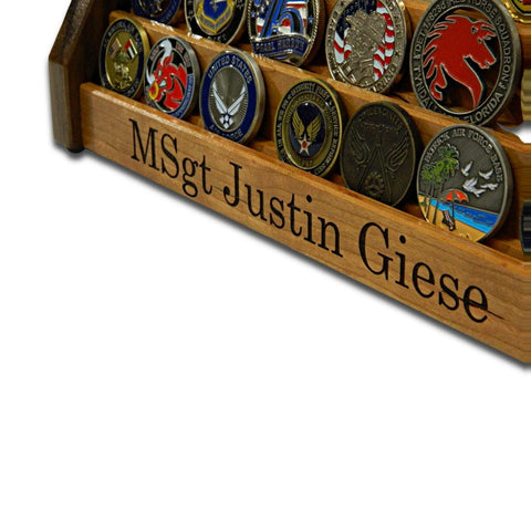 Close-up of personalized name engraving on the Vertical Challenge Coin Holder