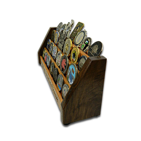 Side view of Vertical Challenge Coin Holder filled with challenge coins