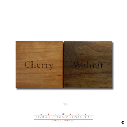 Walnut and Cherry hardwood color comparison for American Flag Challenge Coin Display